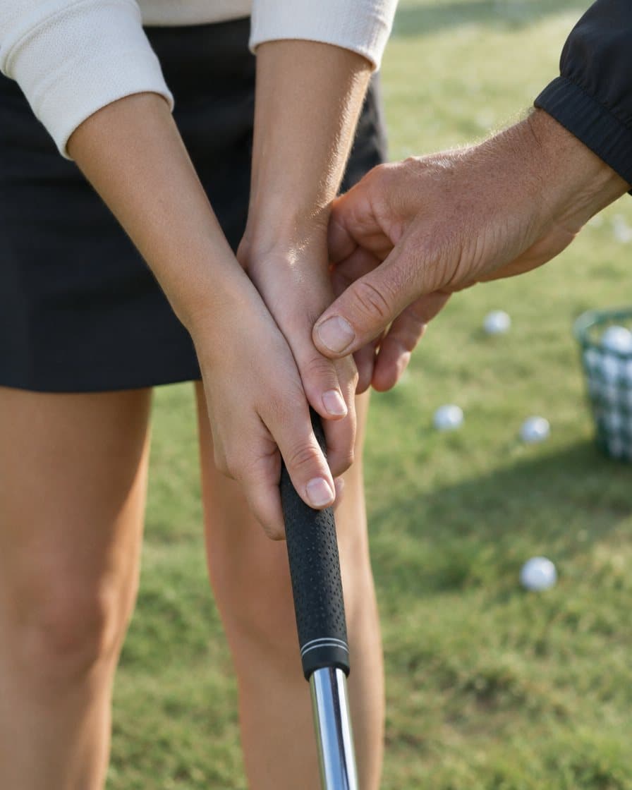 Golflehrer korrigiert den Griff einer Einsteigerin