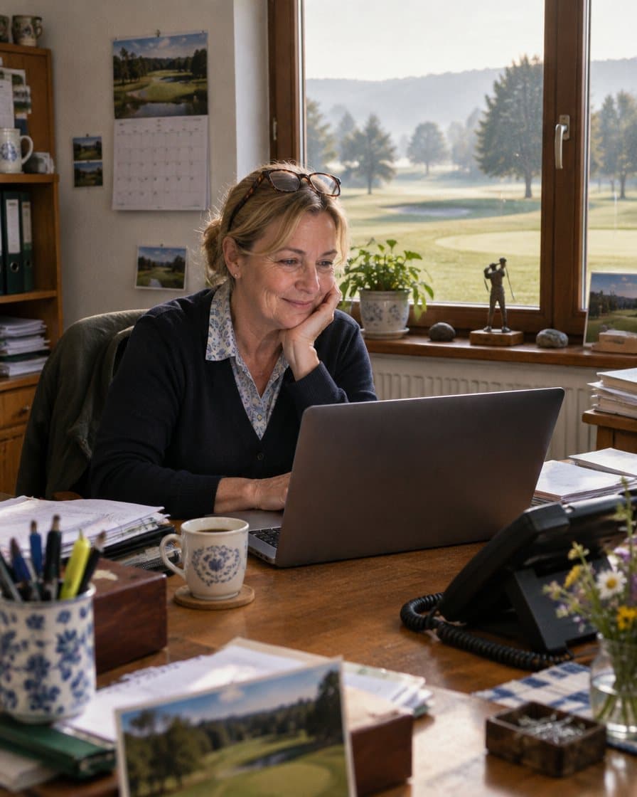 Sekretärin im Clubbüro am Laptop